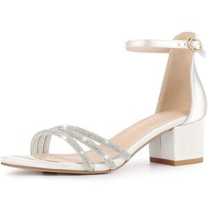 Satin Rhinestones Open Toe Chunky Heel Sandals White